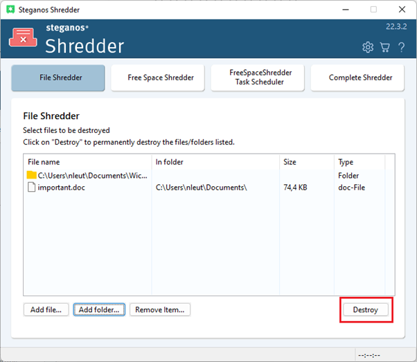 Steganos Shredder Select Files and Folders